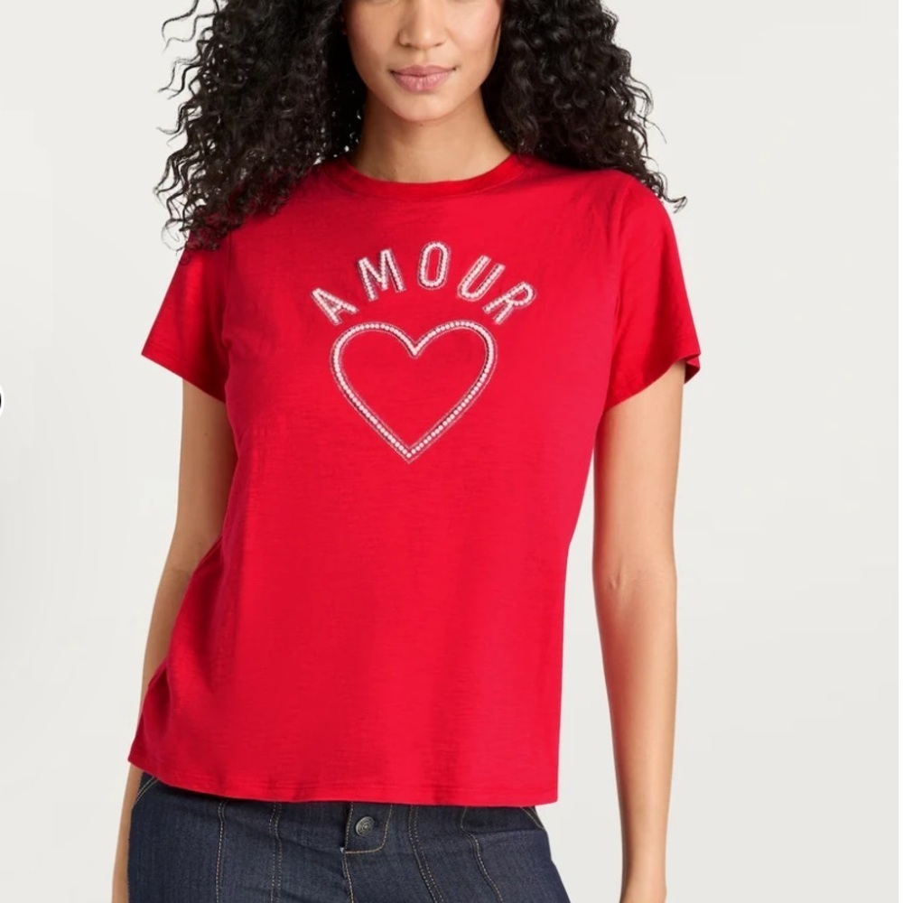 NWT Cinq a Sept PEARL AMOUR Short Sleeve TEE Shirt Cardinal Red White S